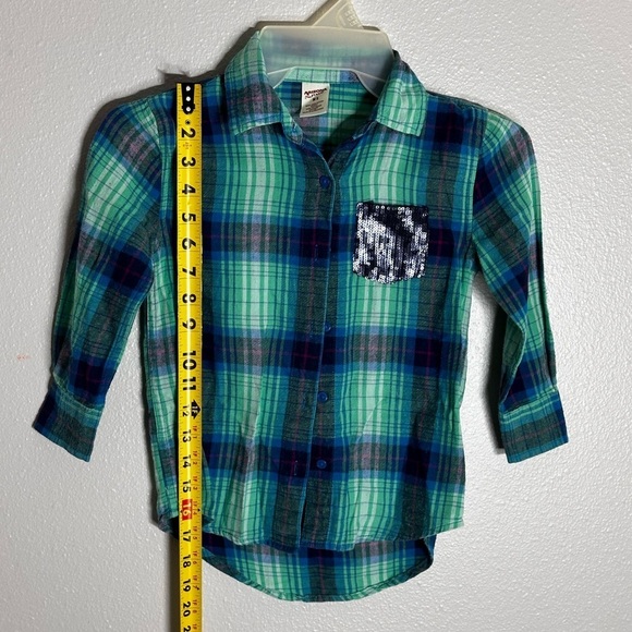 Girls Arizona Green Plaid Button Up Shirt Long Sleeve Size 5 - Picture 4 of 5